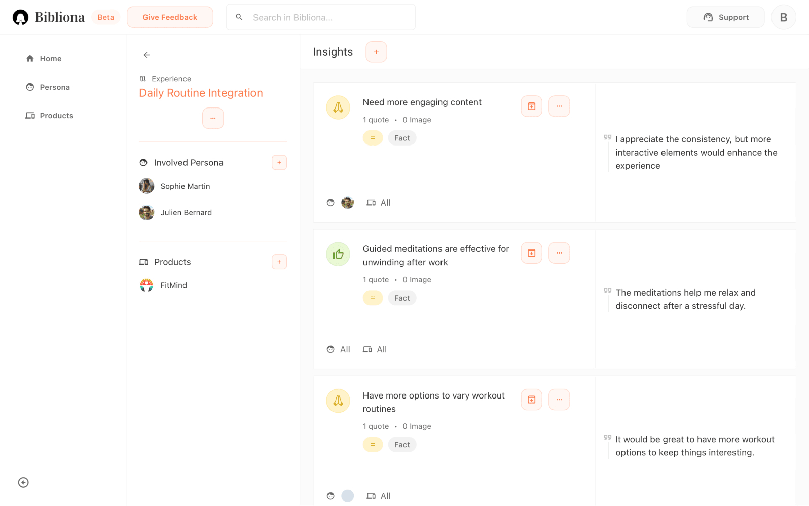 Vue liste des enseignements Bibliona pour suivre les résultats de recherche UX