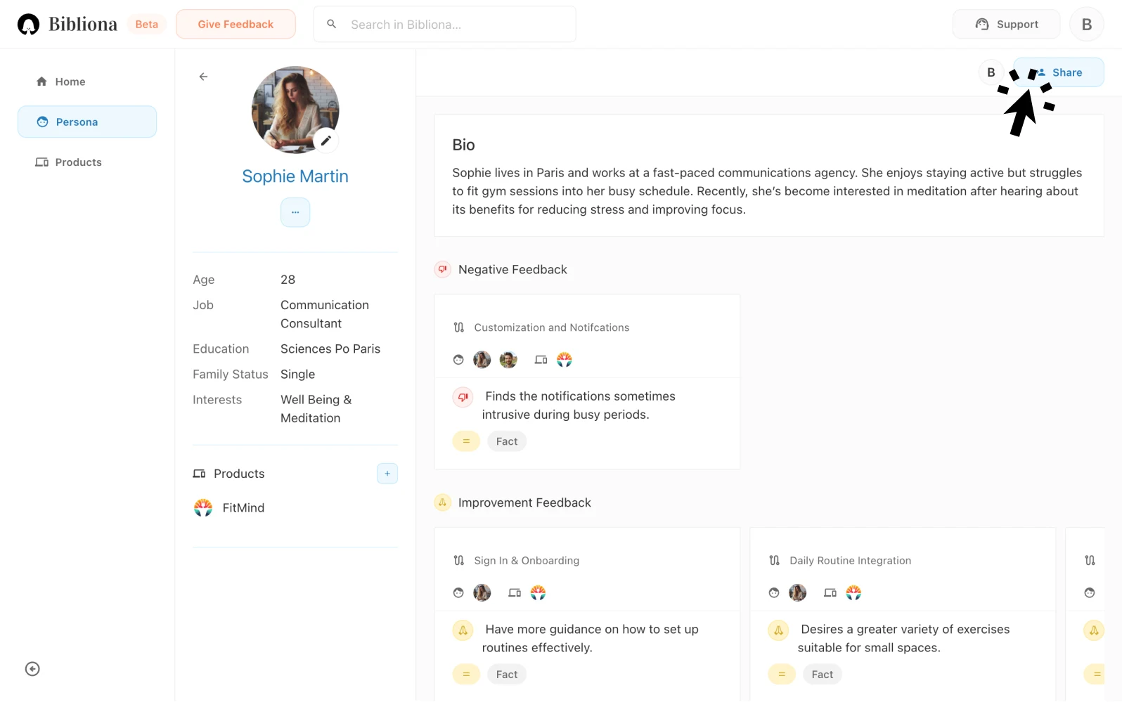 Fonctionnalités de partage et collaboration Bibliona pour les équipes UX